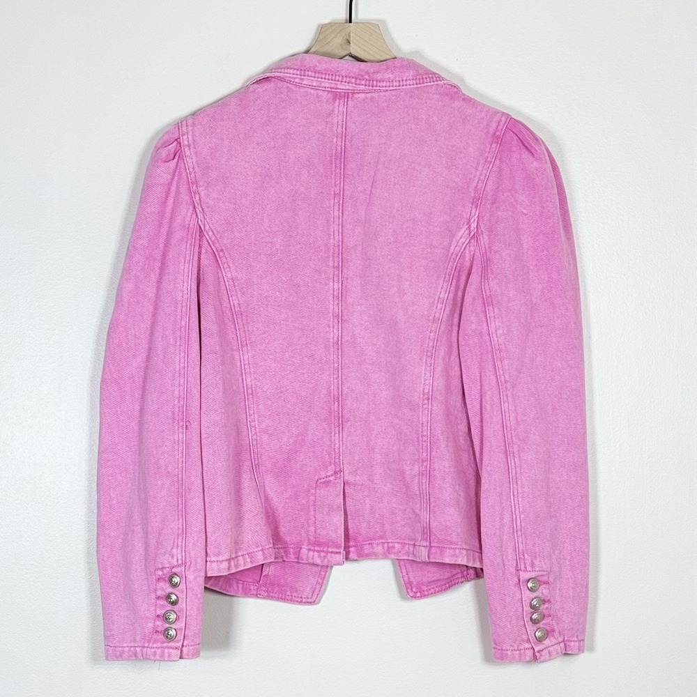 Savanna Jane Womens Pink Denim Double Breasted Blazer Jacket Size M Puff Sleeve - Picture 3 of 12